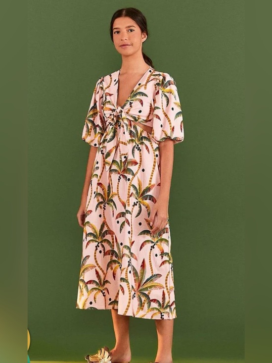 FARM Rio Dresses & Skirts - Farm Rio Cotton Pink Tropical Tie-Front Midi Dress Size Medium
